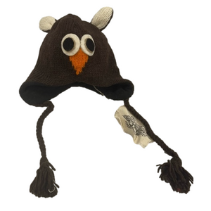 NIRVANNA DESIGNS brown wool owl hat with fleece lining handmade hand knit NWT